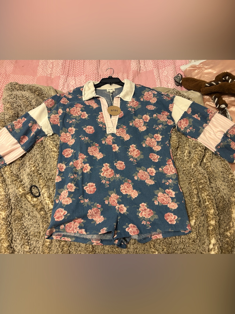 BiBi Blue Floral Denim  Collared Romper with Pink Roses